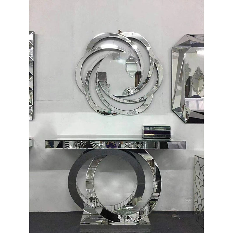 (MN-MS26) Modern Hotel Hallway/Living Room Furniture Silver Steel Glass Console Table with Mirror