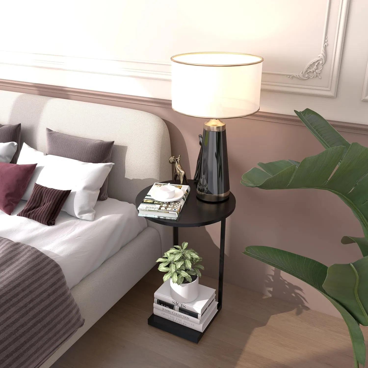 Modern Grey Coffee Nesting Table with Metal Top Round Sofa Side Table for Living Room Home Use