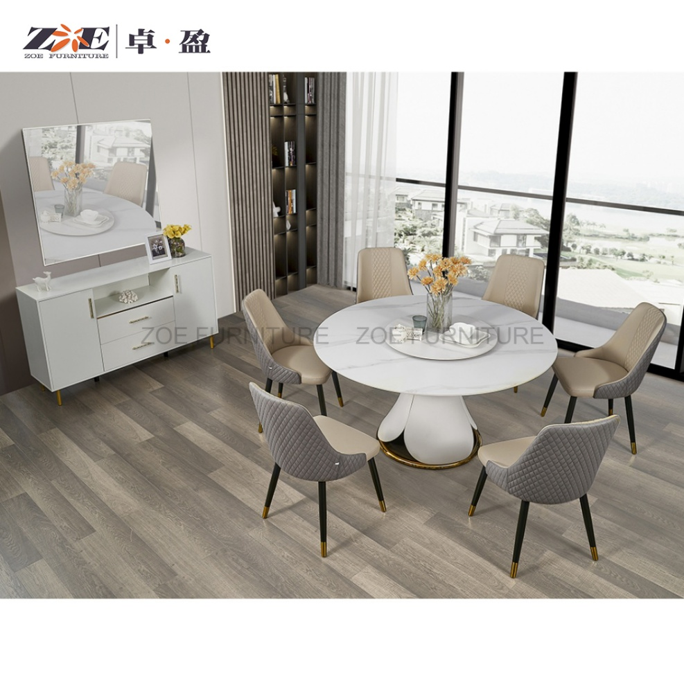 Trending Luxury Dining Set Collection: Sintered Stone Table with Marble Pattern &amp; Stainless Steel Base