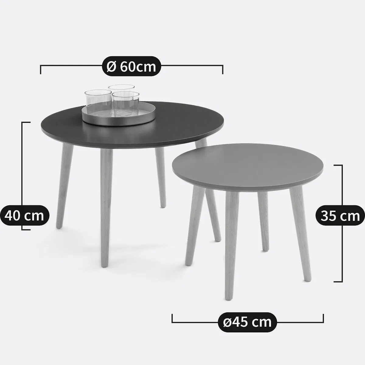 Round Nesting Coffee Table Set of 2, Modern Side Table with Solid Wood Legs for Home Hotel
