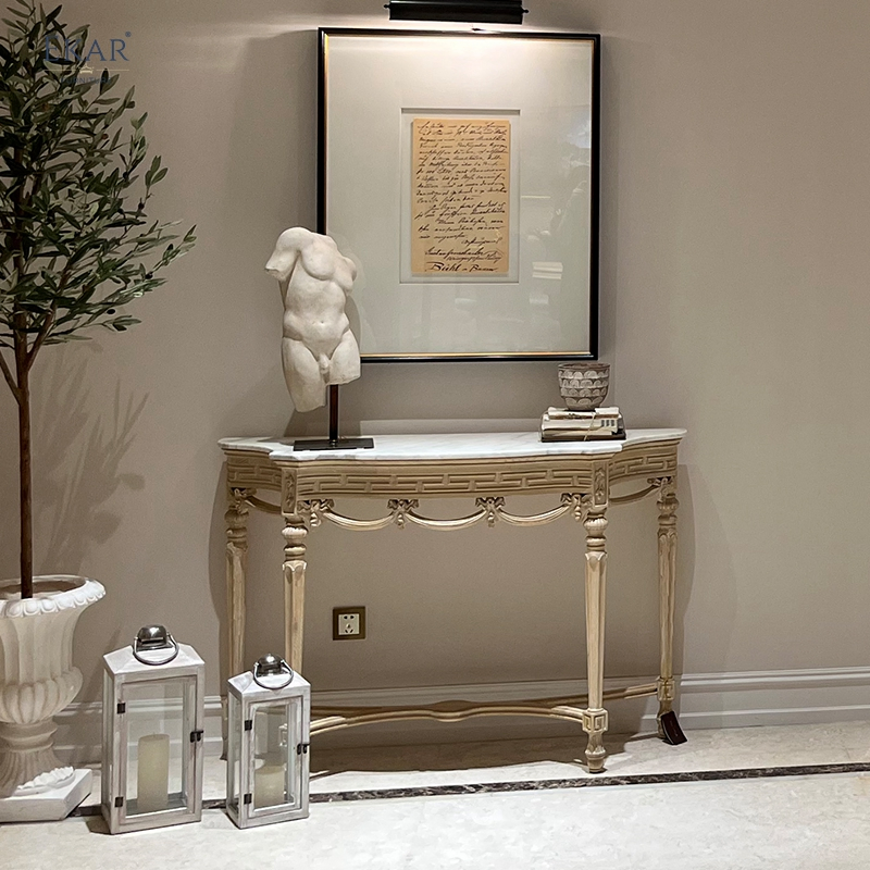 Hallway Vintage Antique Luxury Hotel Wood Curved Half Moon Marble Console Table with Storage