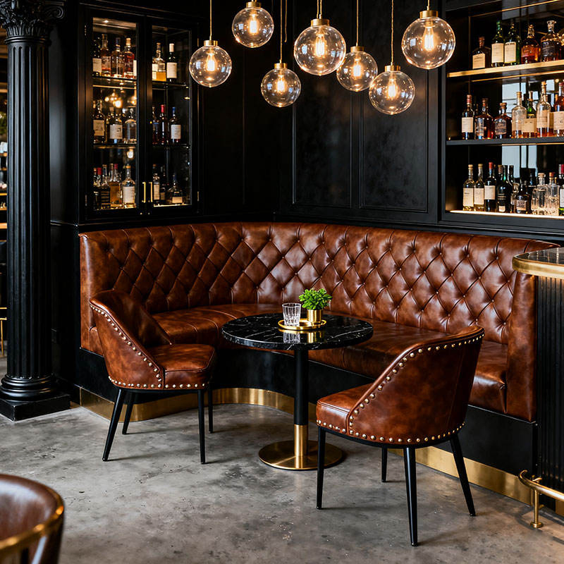 Customize European Vintage Leather Cover Wooden Frame Restaurant Furniture Set with Chesterfield Sofa Booth Seating High End Table and Booth