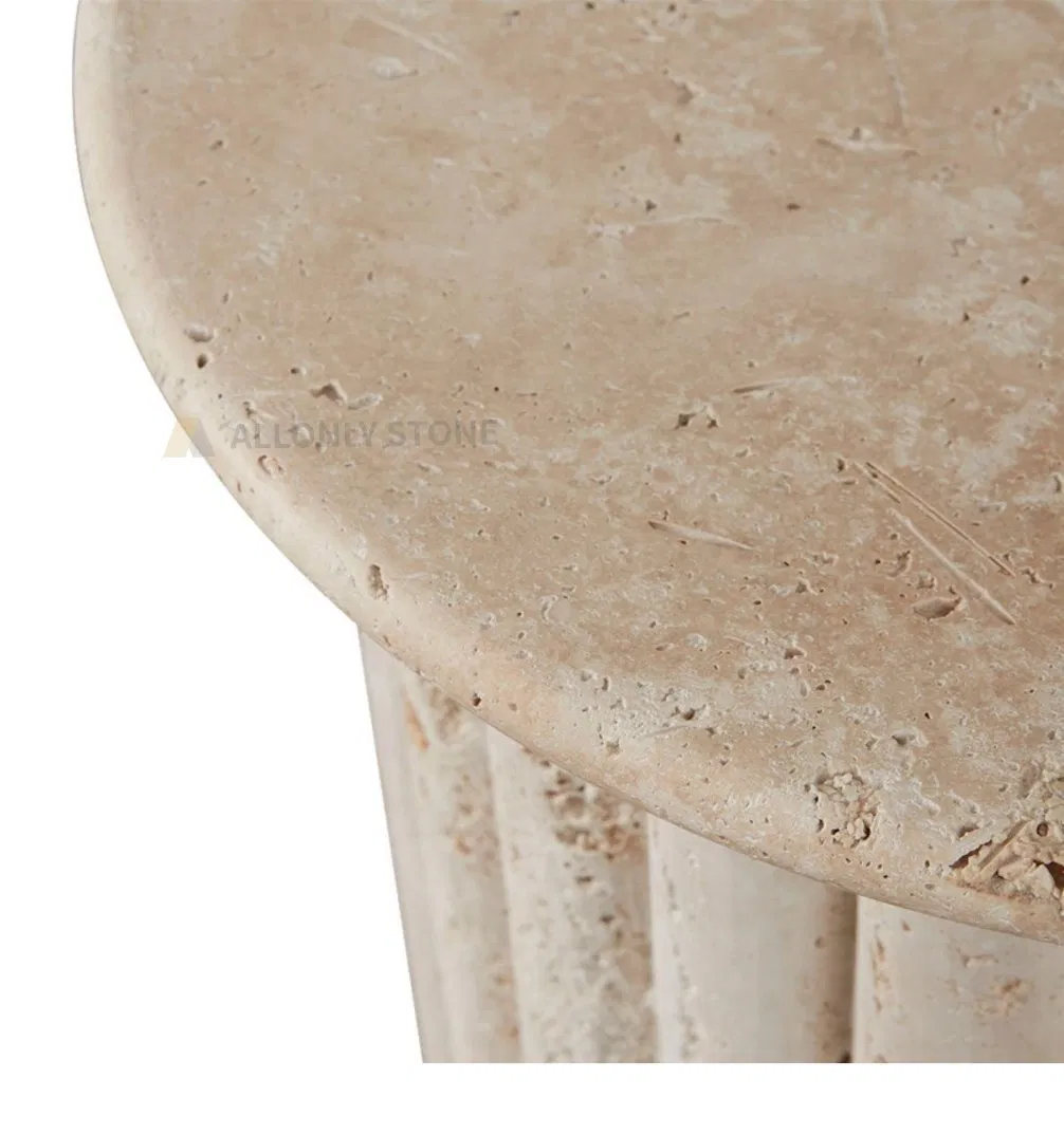 Natural Marble Side Table Stone Tea Table Home Decor Furniture Italian Round Center Table Travertine Coffee Table Fluted Travertine Side Table