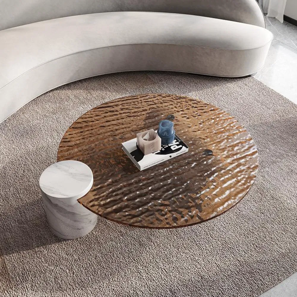Gedo Modern Water Ripple Tempered Round Glass Top Coffee Table with Marble Cylinder Legs