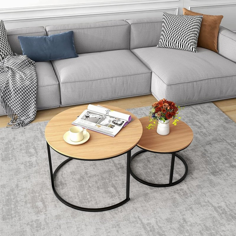 Brown Wood Nesting Coffee Table Set of 2, Round Coffee Tablewith Adjustable Non-Slip Feet, Industrial End Table Side Tables for Living Room Bedroom Balco