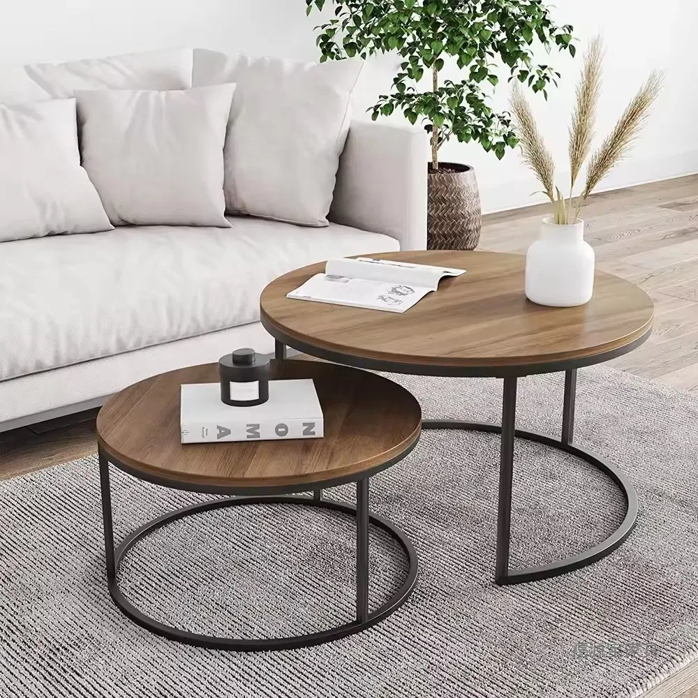 Nested Round Coffee Table with Wood Surface and Sturdy Metal Legs