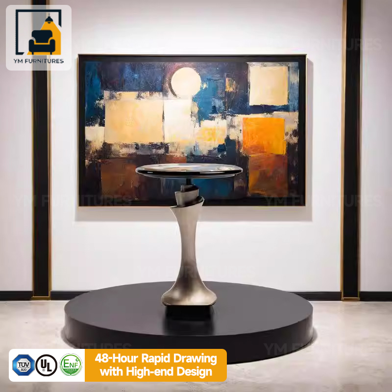 Hotel Lobby Durable Construction Round Steel Marble Accent Black End Side Table