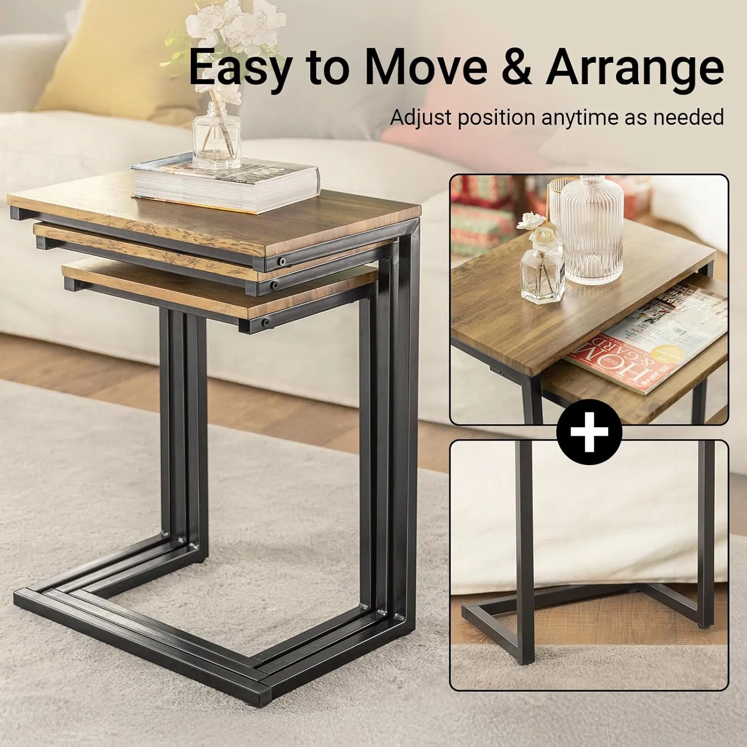 3-Piece Nesting Side Table Set with Wood-Grain Top and Sturdy Metal Frame for Living Room Arrangement