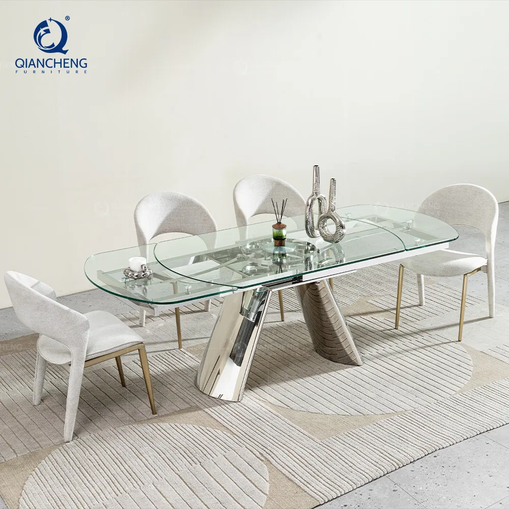 Modern Mesa Comedor Extensible Kitchen Tavolo Da Pranzo Allungabile Folding Extendable Multi-Functional Rotatable Glass Dining Table Set