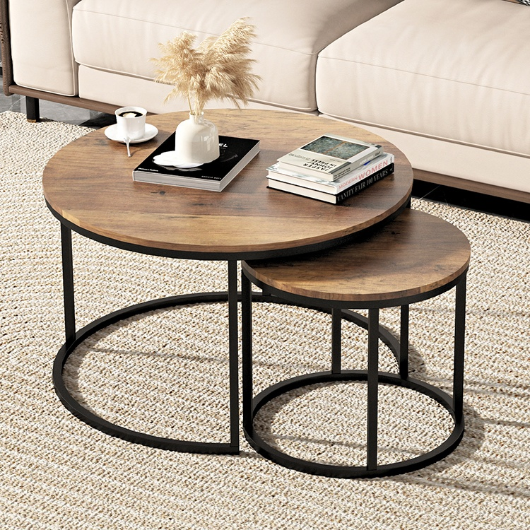 Modern Living Room Home Round Metal Wooden Nesting Coffee Tables Set of 2, Side Coffee Table with Solid Metal Frame