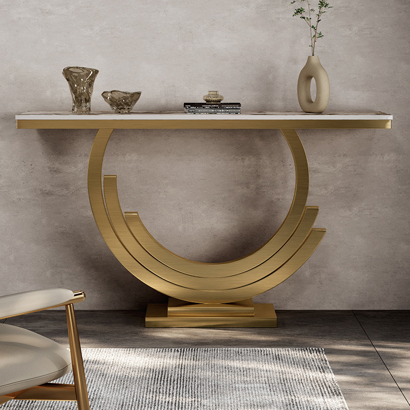 Turkish Luxury Modern Furniture Living Room Corner Half Moon Slimline Long Gold Metal Square Black Art Marble Top Console Table