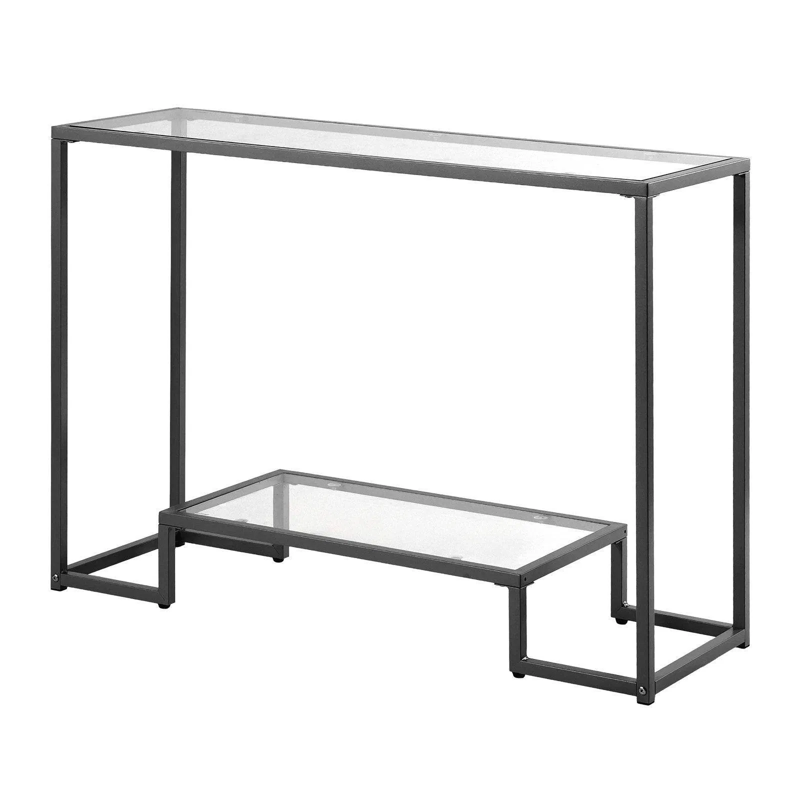 Modern 2-Tier Glass Console Smart Coffee Table Golden Iron Legs Anti-Tip Device Black Rectangle Sofa Side Desk for Living Room Entryway Foyer
