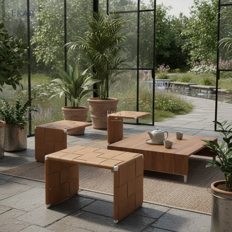 Lace Outdoor Woven Leather Side Table Modern Patio End Table Metal Frame