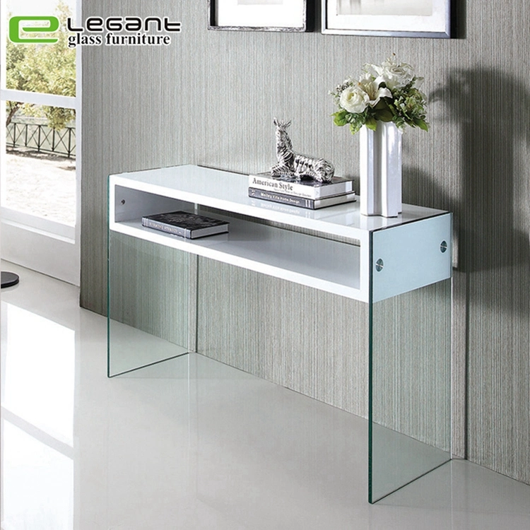 Curved Glass Console Table with High Gloss White MDF Drawers