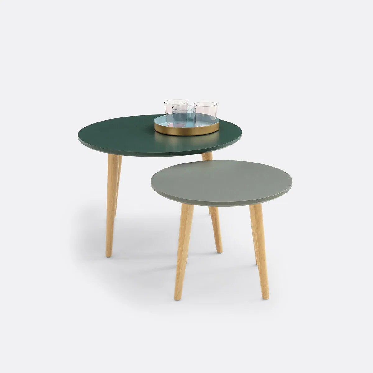 Round Nesting Coffee Table Set of 2, Modern Side Table with Solid Wood Legs for Home Hotel