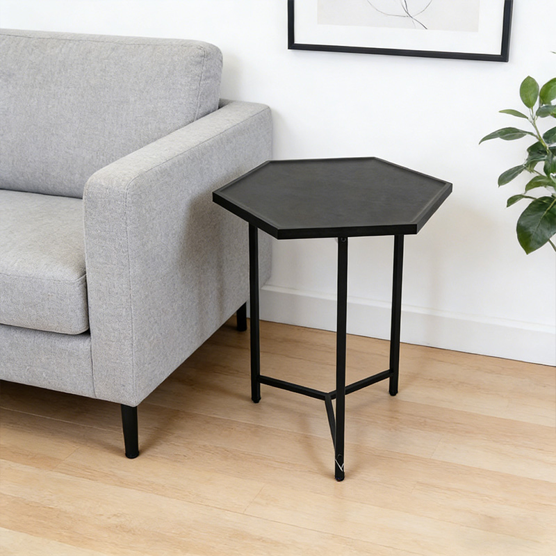 Chic Black Hexagonal End Table Modern Hexagon Black Accent Table Stylish Hexagonal Black Side Table with Three Metal Legs