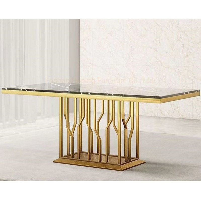 Marble Tempered Glass Coffee Office Table Furniture Gold Base Dining Console Restaurant Table Chairs Wedding Background Table