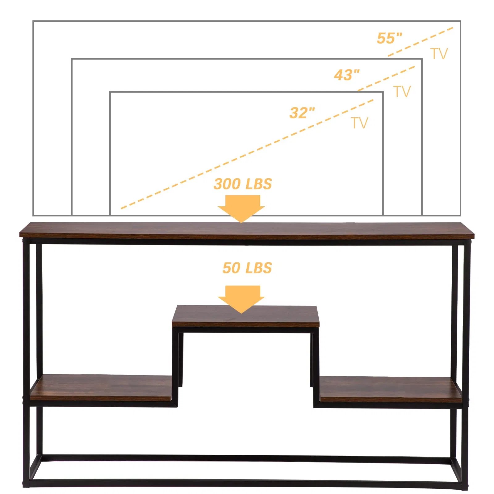 TV Cabinet with 3 Tier Storage Shelves Entertainment Center TV Console Table with Metal Frame for Living Room