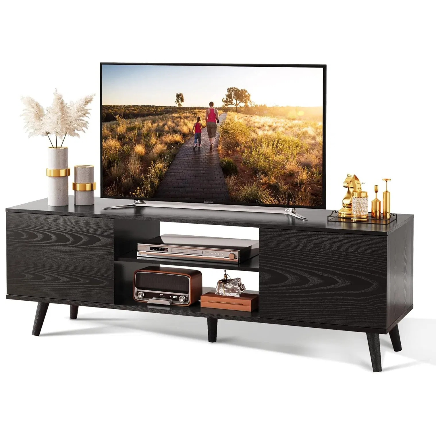 Wide Two Tier TV Console Table with Tapered Legs and Open Storage Shelves