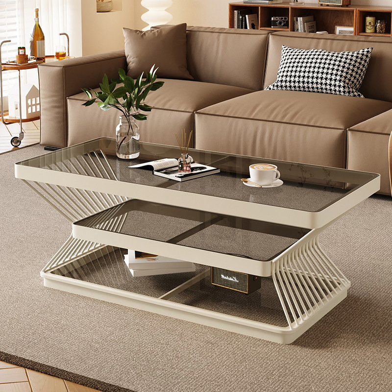 Modern Rectangular Tempered Glass Carbon Steel Combination Coffee Table