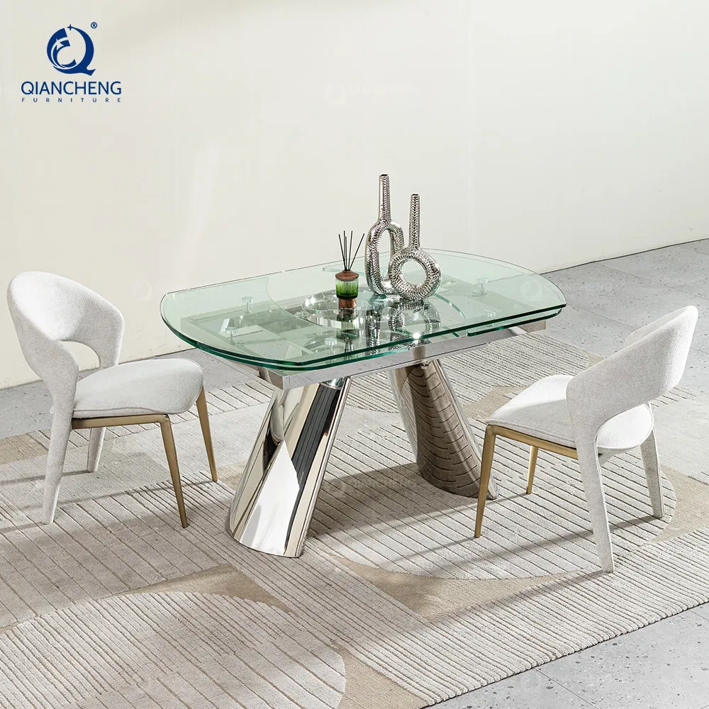 Modern Mesa Comedor Extensible Kitchen Tavolo Da Pranzo Allungabile Folding Extendable Multi-Functional Rotatable Glass Dining Table Set