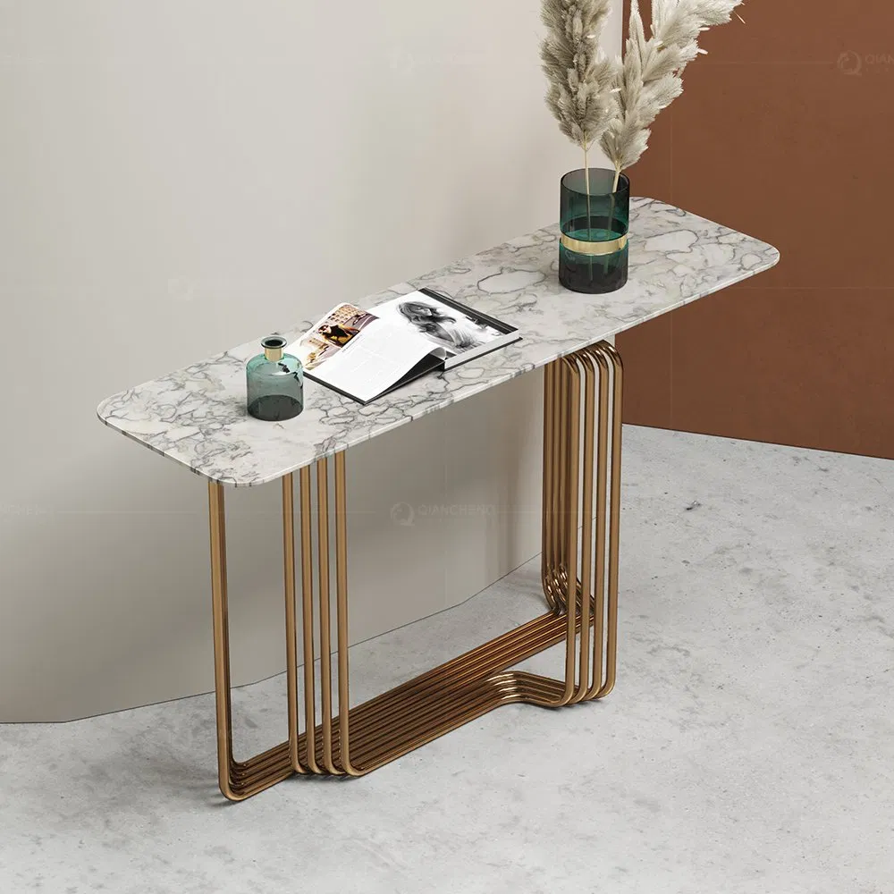 Console Luxury Modern Metal Green Marble Top Hallway Table