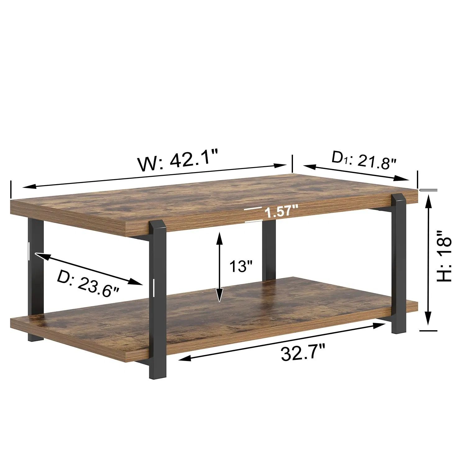 Modern Coffee Table Rustic Brown Wood Center Table Industrial Rectangle Double Tier with Storage for Living Room