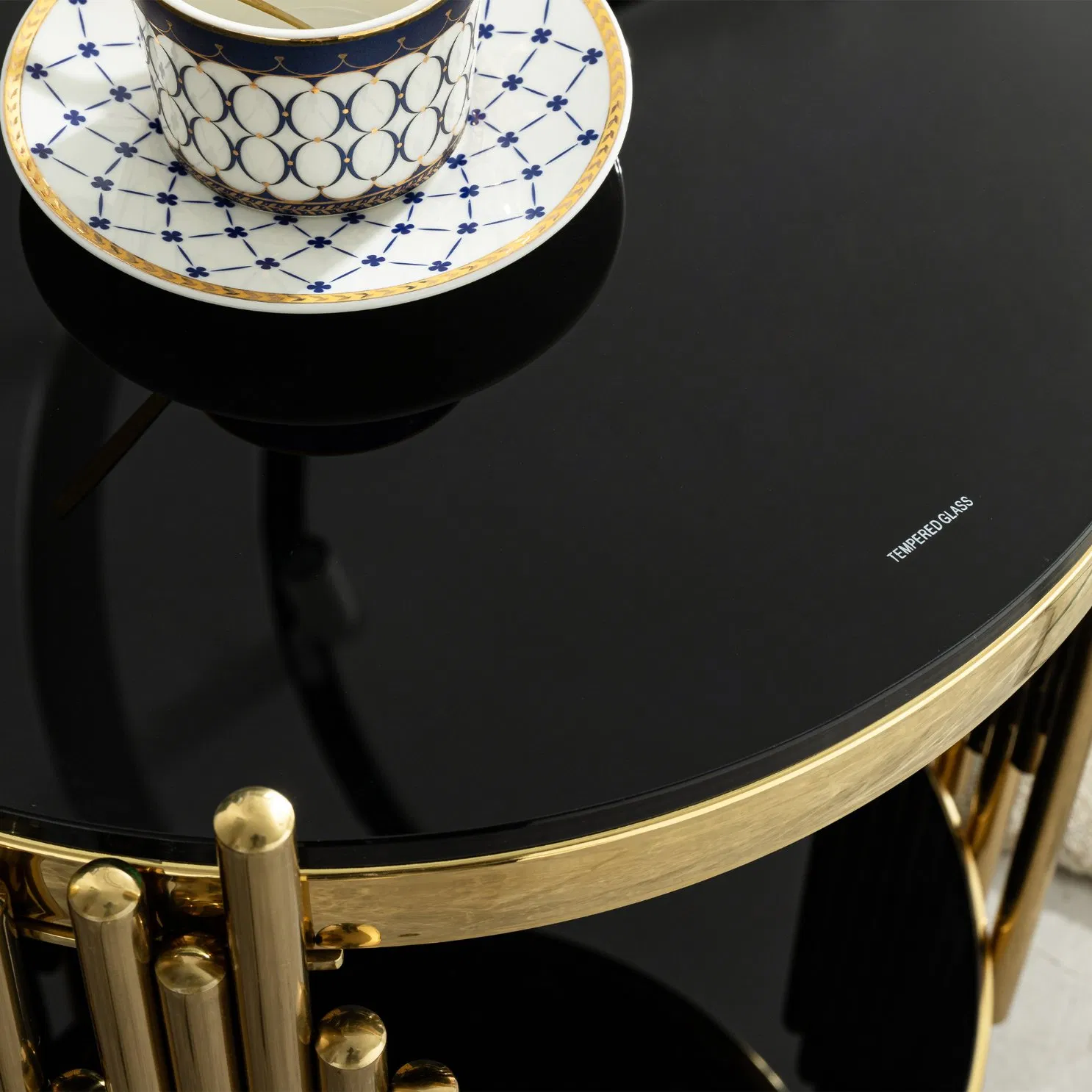 Modern Luxury Golden 2 Layer Black Tempered Glass Top Round Coffee Table