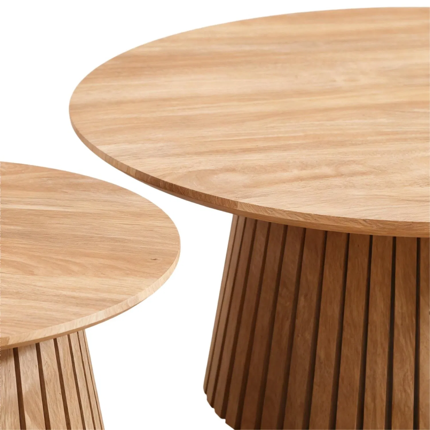 Natural Finish Round Nesting Table Set Ribbed Wooden Base Functional Coffee/Side Tables for Living Room
