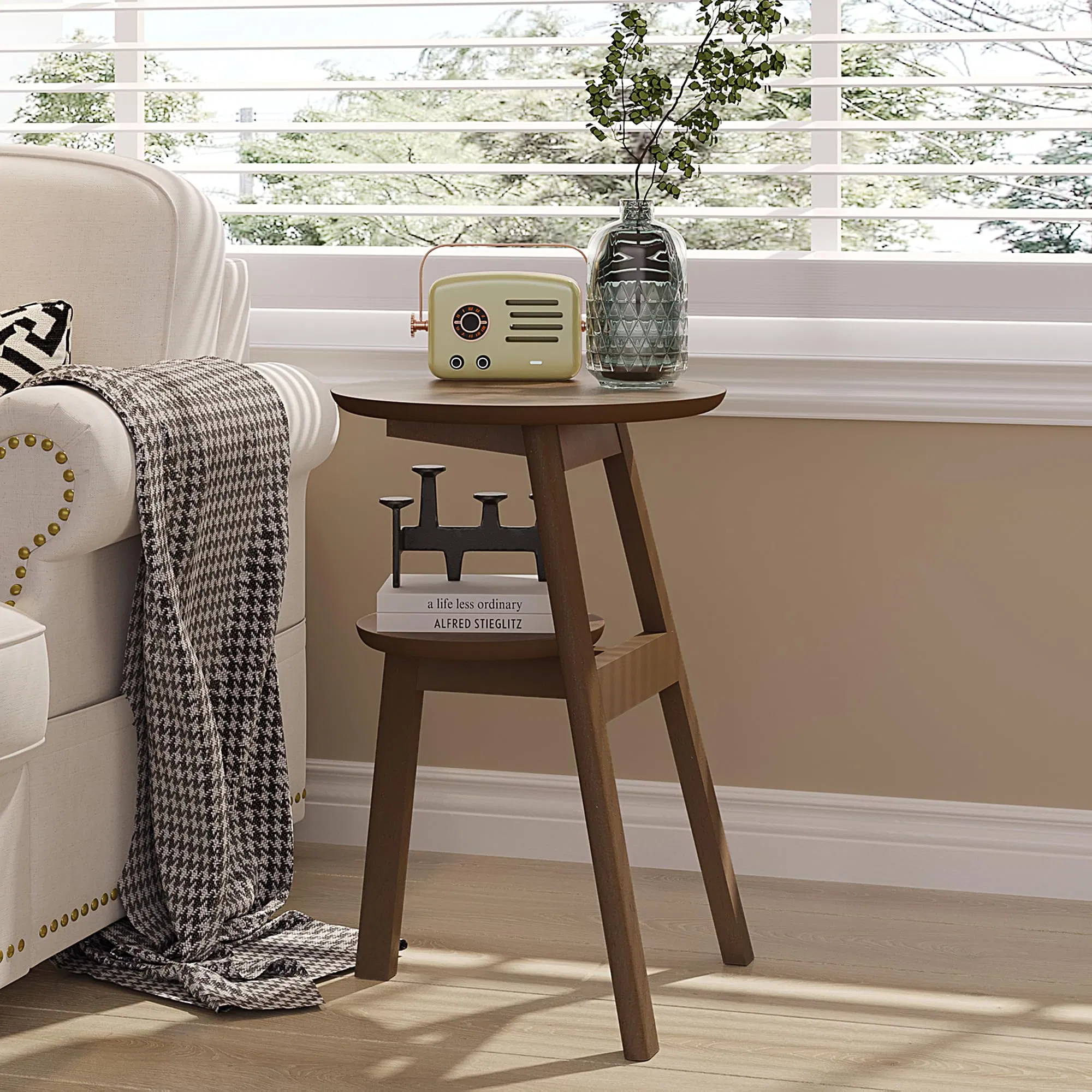 Round End Side Table, Accent Table with 2 Tier Shelves