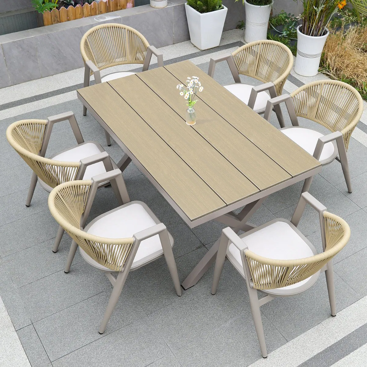Luxury Modern Rectangle New WPC Composite Wood Outdoor Furniture Set Patio Dining Table and 8 Seats