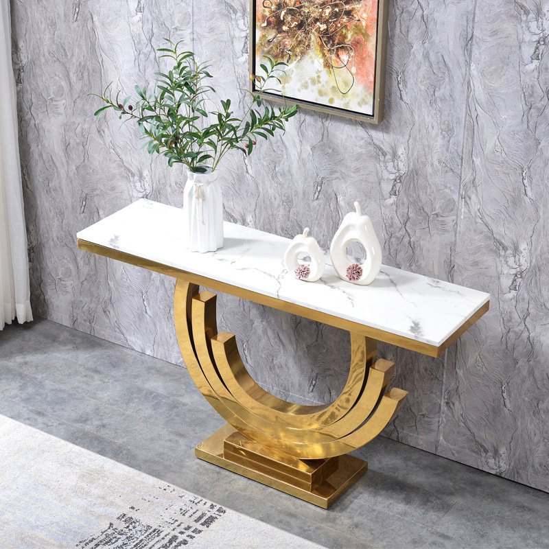 Turkish Luxury Modern Furniture Living Room Corner Half Moon Slimline Long Gold Metal Square Black Art Marble Top Console Table