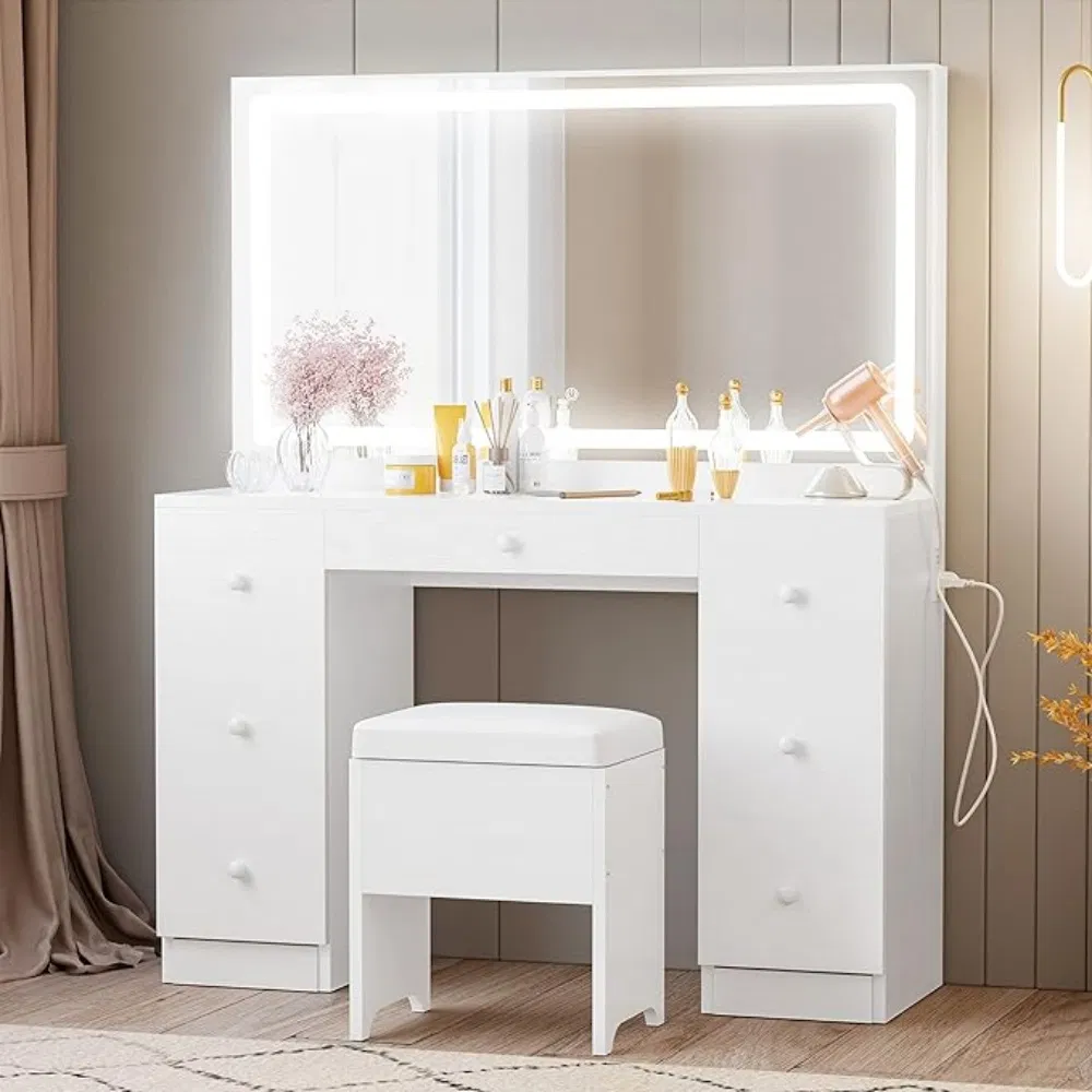 High-End Luxury Vanity Set with 7-Drawer Large Capacity Dressing Table, White