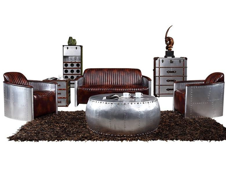 Vintage Industrial Aviator Lounge Chair and Coffee Table Set