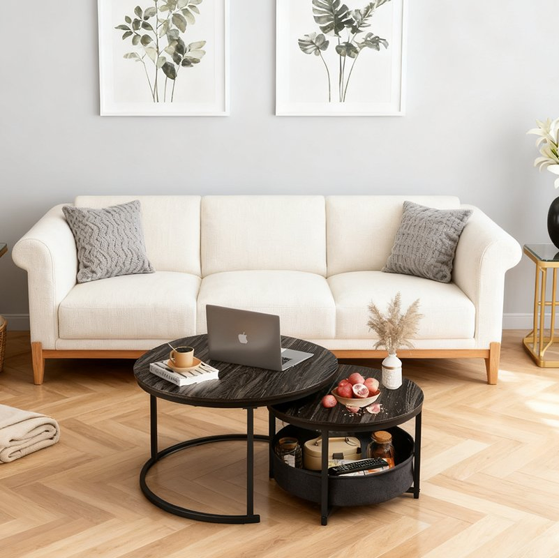 Industrial Minimalist Nesting Coffee Table Set of 2 Wooden Round with Hidden Storage for Living Room