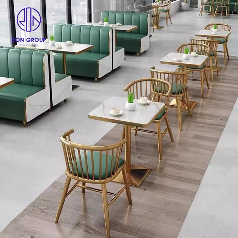 Modern Hotel Leather Square Marble Coffee Shop Cafeteria Commercial High-End Restaurant Booth Sofa Table and Chair Furniture Set for Restaurant