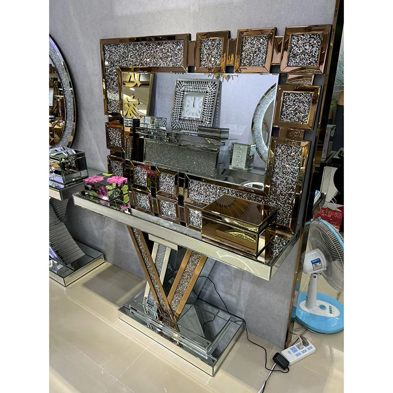 (MN-MS26) Modern Hotel Hallway/Living Room Furniture Silver Steel Glass Console Table with Mirror