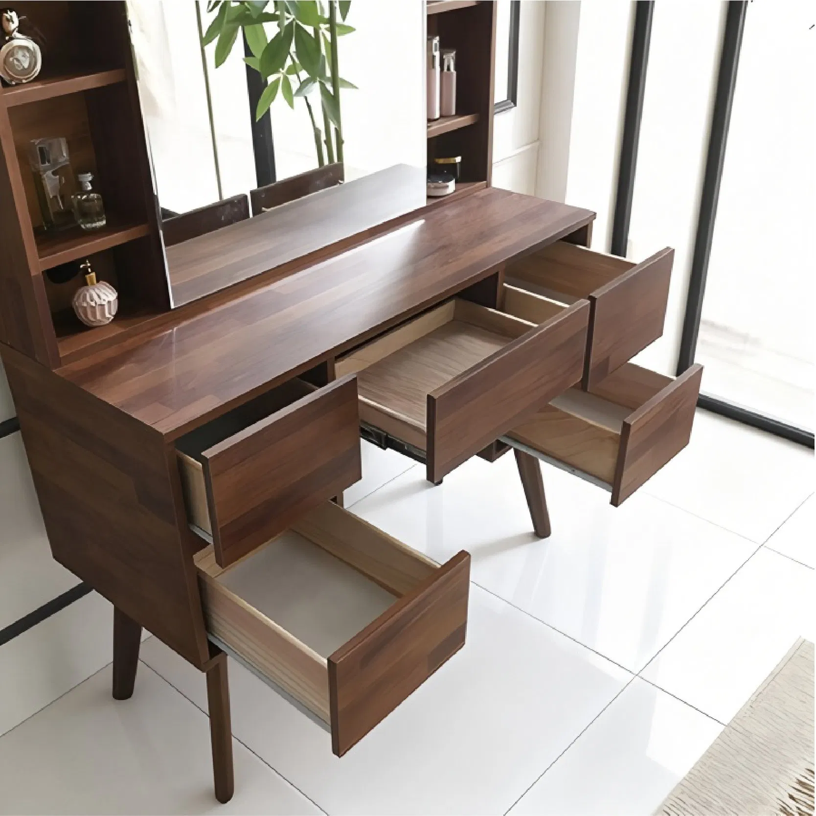 Nordic Wooden Console with Mirror Dresser Storage Makeup Dressing Table