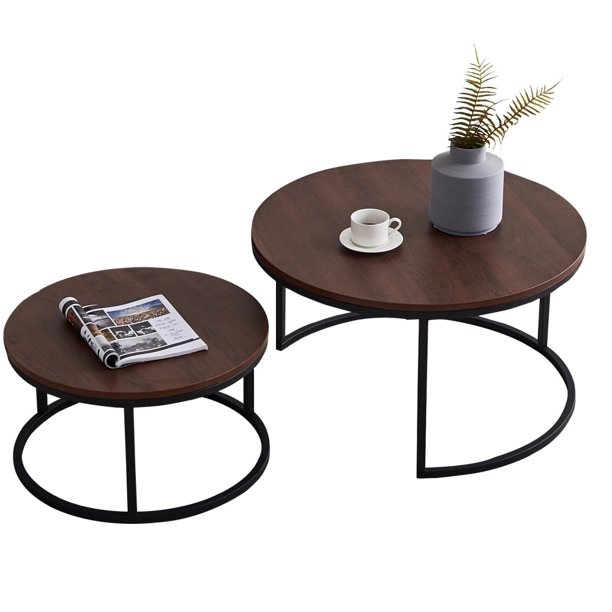 Modern Living Room Home Round Metal Wooden Nesting Coffee Tables Set of 2, Side Coffee Table with Solid Metal Frame