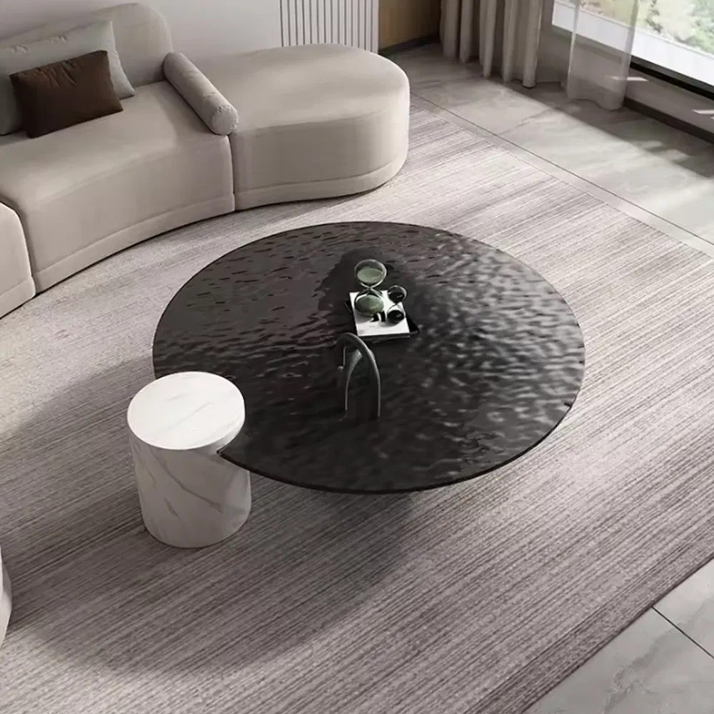 Gedo Modern Water Ripple Tempered Round Glass Top Coffee Table with Marble Cylinder Legs