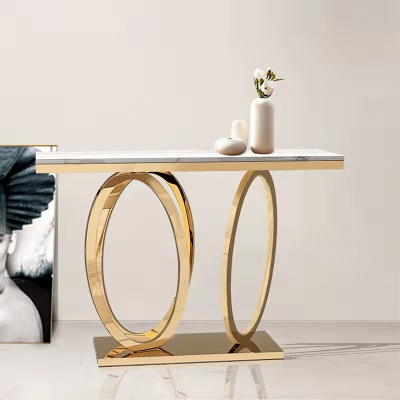 Concrete Modern Accent Console Marble Table Gold Metal Frame with Marble Top