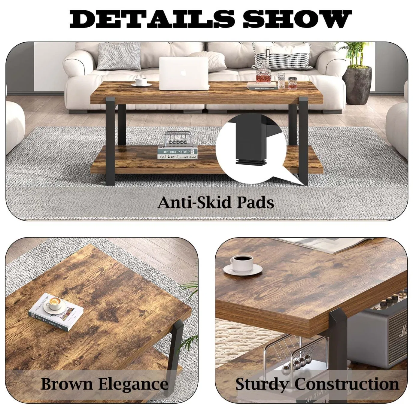 Modern Coffee Table Rustic Brown Wood Center Table Industrial Rectangle Double Tier with Storage for Living Room