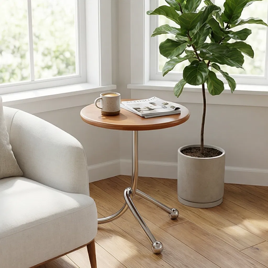 Contemporary Round Tabletop Chrome Tripod Base Reflective Metal Support Bedroom Accent Side Table