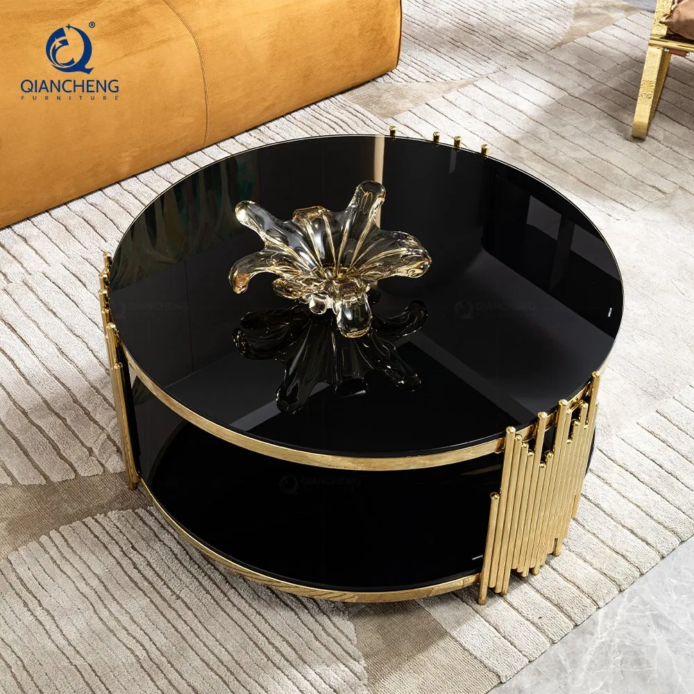 Modern Luxury Golden 2 Layer Black Tempered Glass Top Round Coffee Table