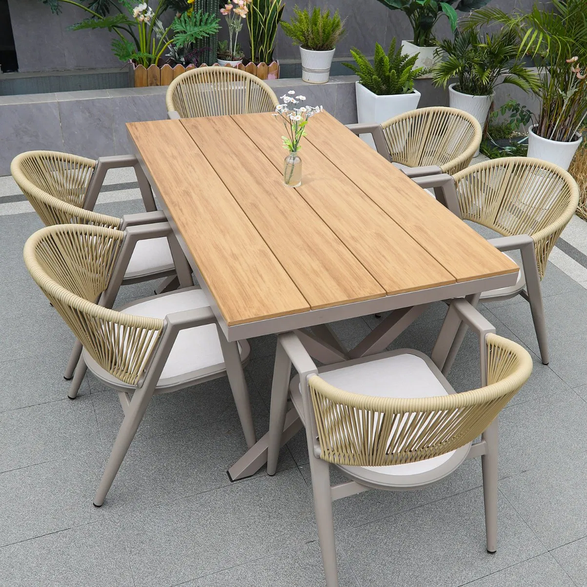 Luxury Modern Rectangle New WPC Composite Wood Outdoor Furniture Set Patio Dining Table and 8 Seats