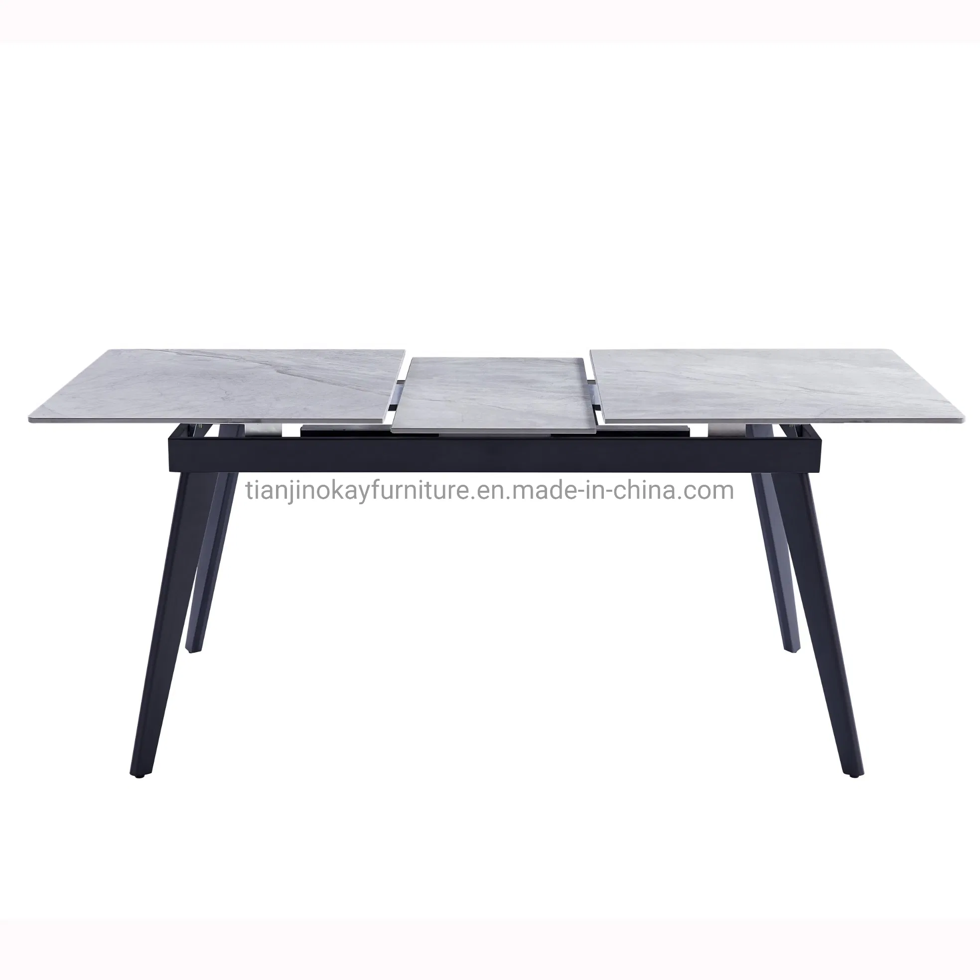 Hot Sale Extension Lift Middle Top Sintered Stone Grey Ceramic Dining Table with Metal Base