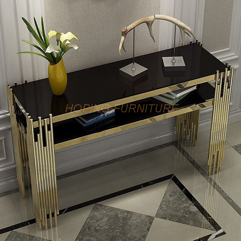 Luxury Entryway Table Gold Stainless Steel Legs Rectangle Narrow Black Glass Console Table