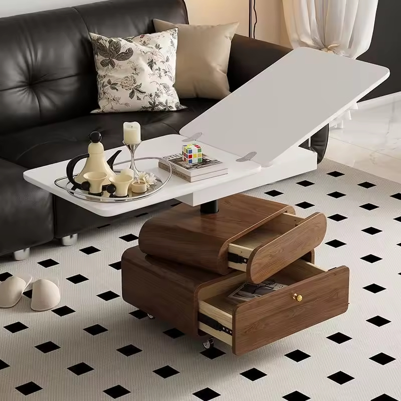 2-in-1 Lift-Top Folding Coffee Table &amp; Dining Table Vintage Mobile Solid Wood with Storage for Compact Living Rooms