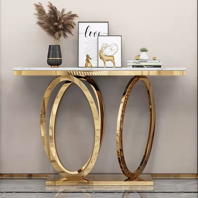 Concrete Modern Accent Console Marble Table Gold Metal Frame with Marble Top