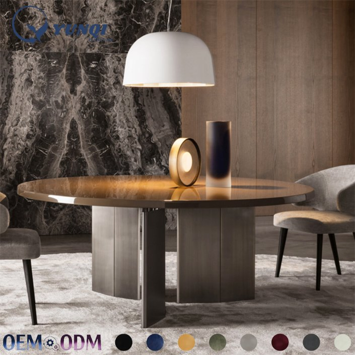 High End Luxury Villa Furniture Modern Eight Seater Large Brown Marble Round Dining Room Brown Table Set